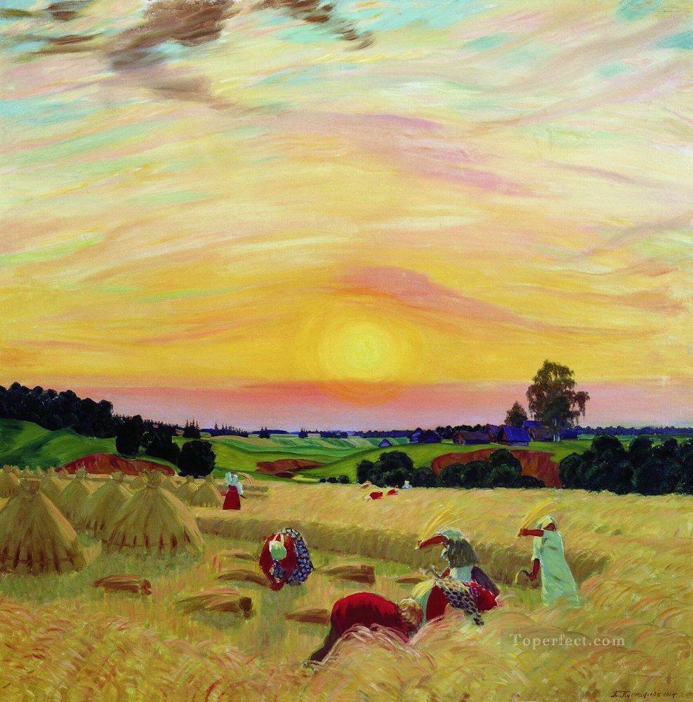 the harvest 1914 Boris Mikhailovich Kustodiev plan scenes landscape Oil Paintings